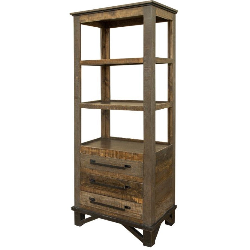 Rustic wooden shelf with three drawers and open shelving.