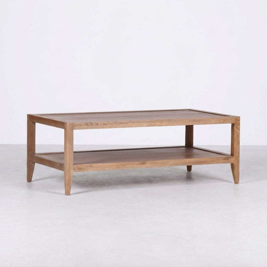 Wooden rectangular coffee table with a bottom shelf.
