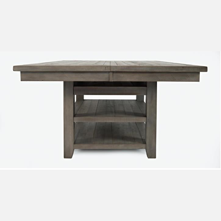 Wooden table with open shelves, viewed from the short side.