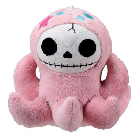 Pink plush octopus with a whimsical skull face and colorful spots.