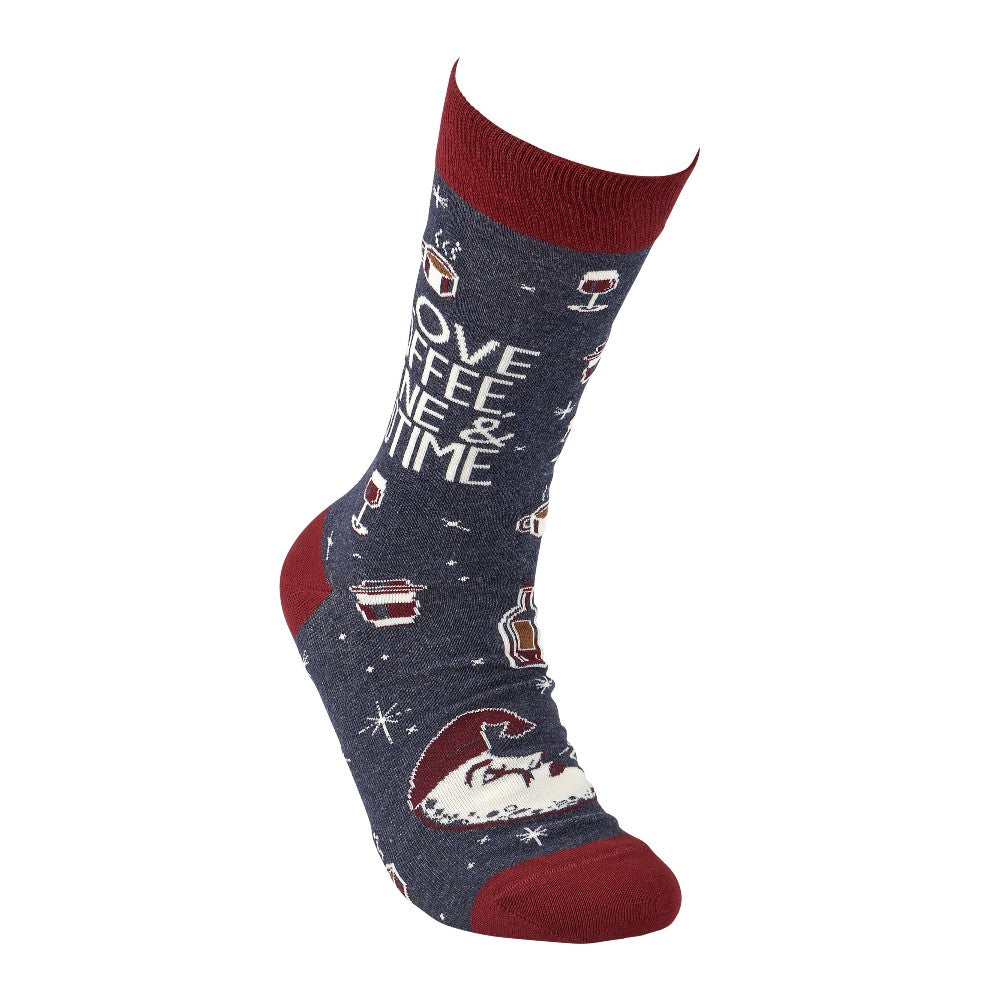 Festive sock with Santa, coffee, and wine designs, maroon accents.