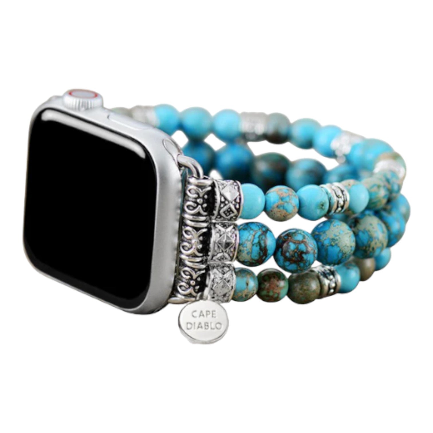 Smartwatch with turquoise beaded strap and silver accents.