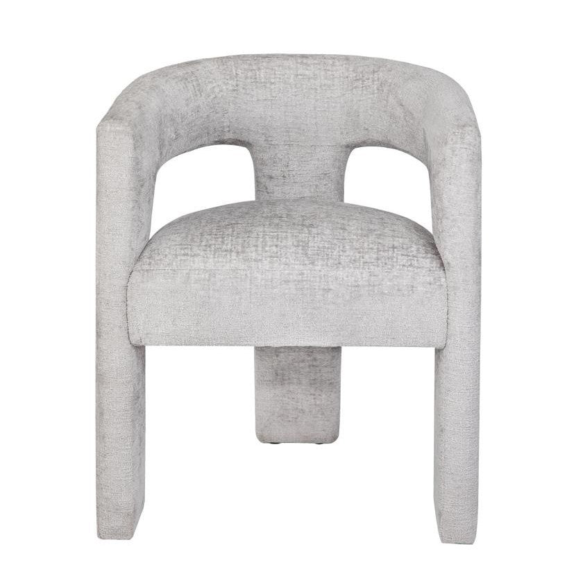 Modern gray upholstered armchair with curved backrest.