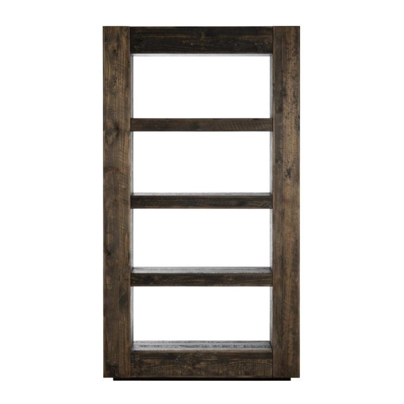 Dark wooden bookshelf with four shelves, minimalist design.