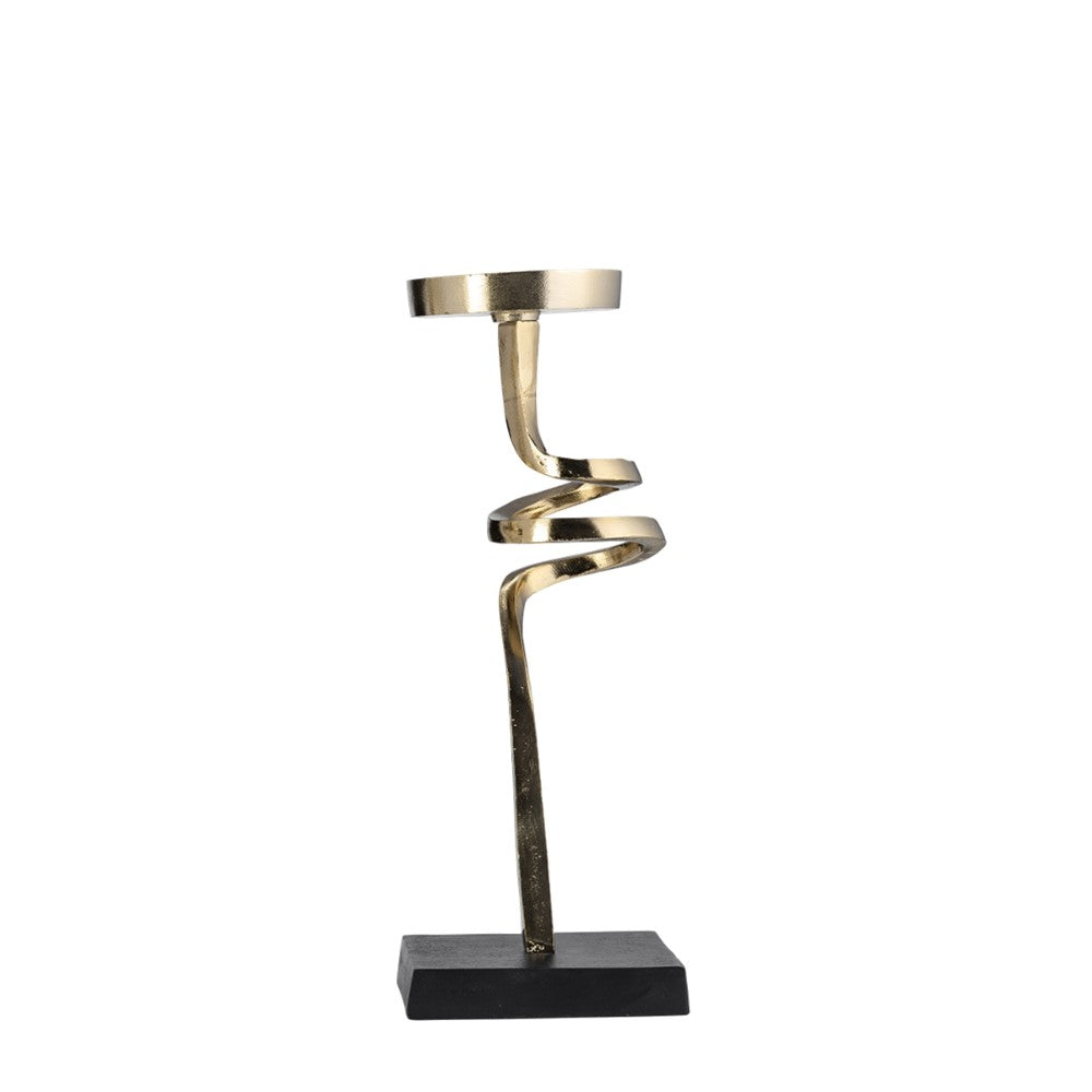 Curved gold candlestick with a black base.