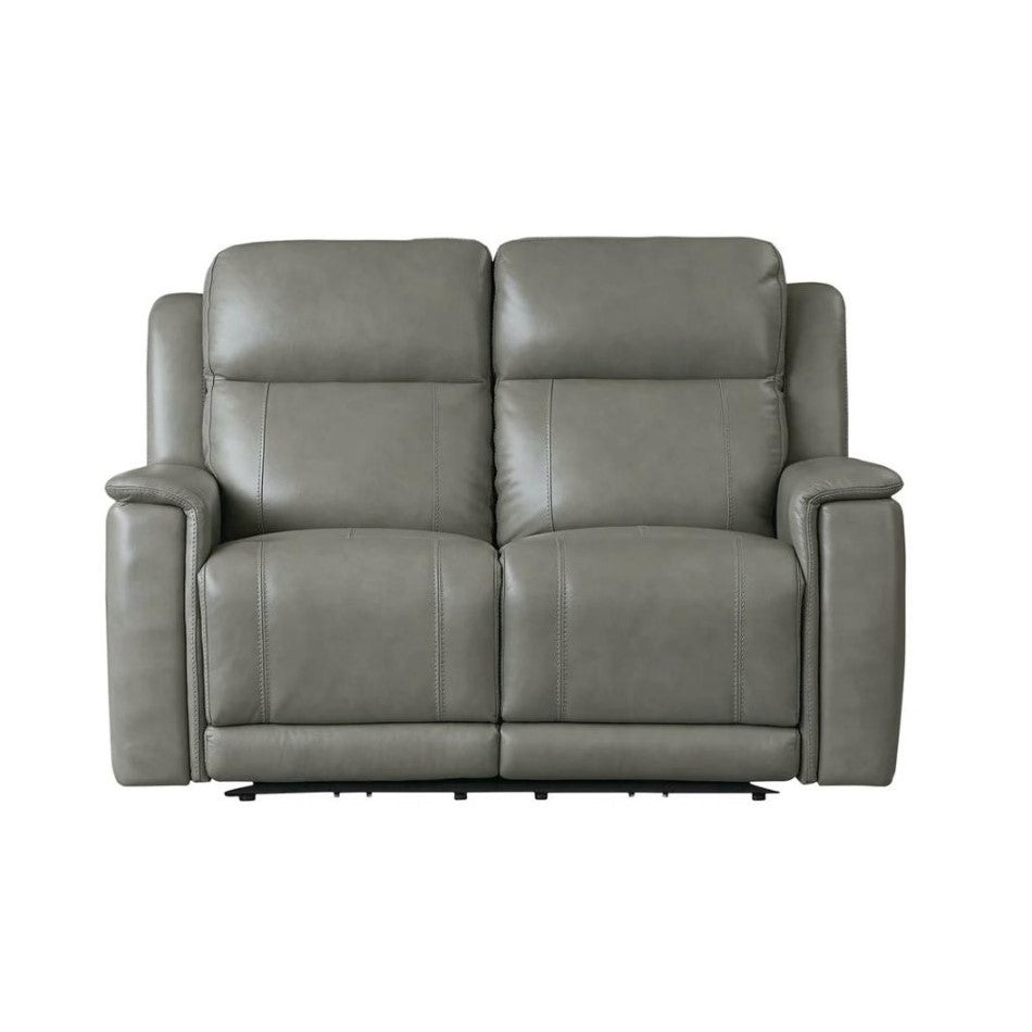 Gray leather loveseat with comfortable cushions and armrests.