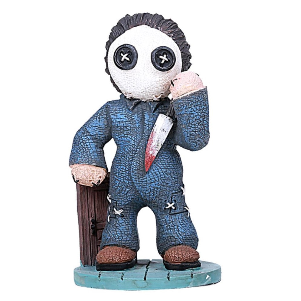 Cute, spooky figure in blue with button eyes and a stitched smile holding a knife.