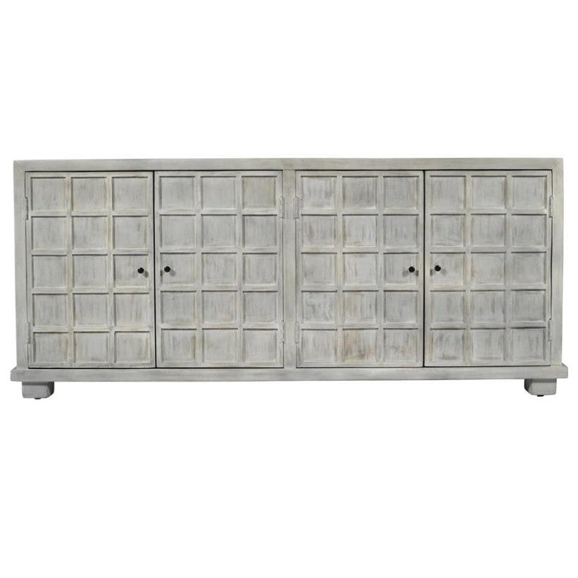 Gray wooden cabinet with a square panel design across its four doors.