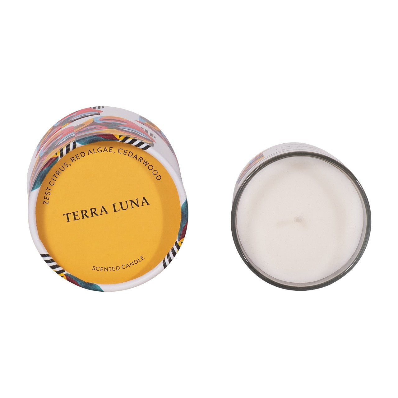 Terra Luna scented candle with colorful lid, citrus and cedarwood aroma.