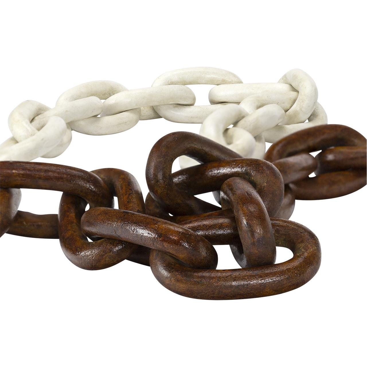 Two overlapping chains, one white and one rusty brown.
