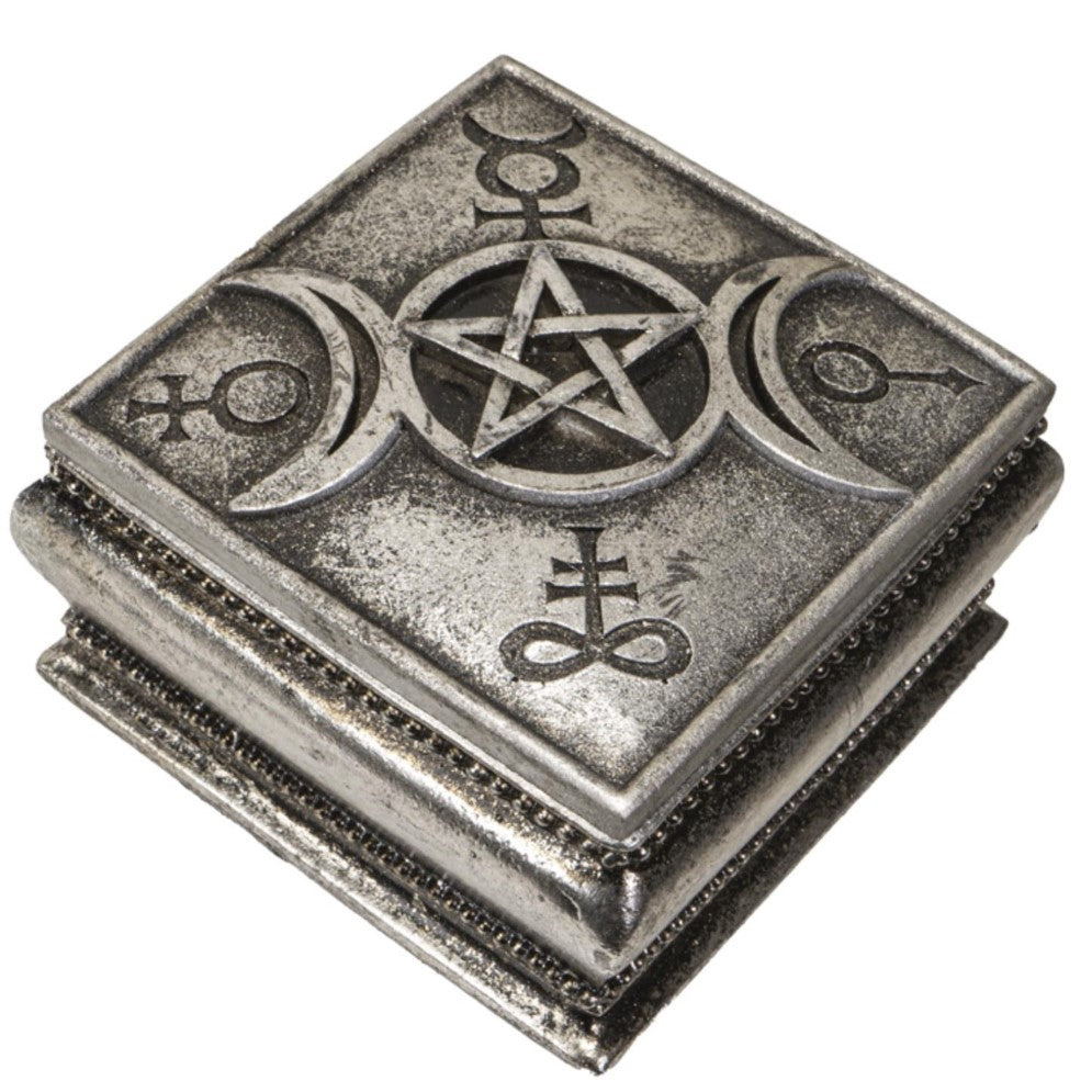 Ornate silver box with mystical symbols and a central pentagram design.
