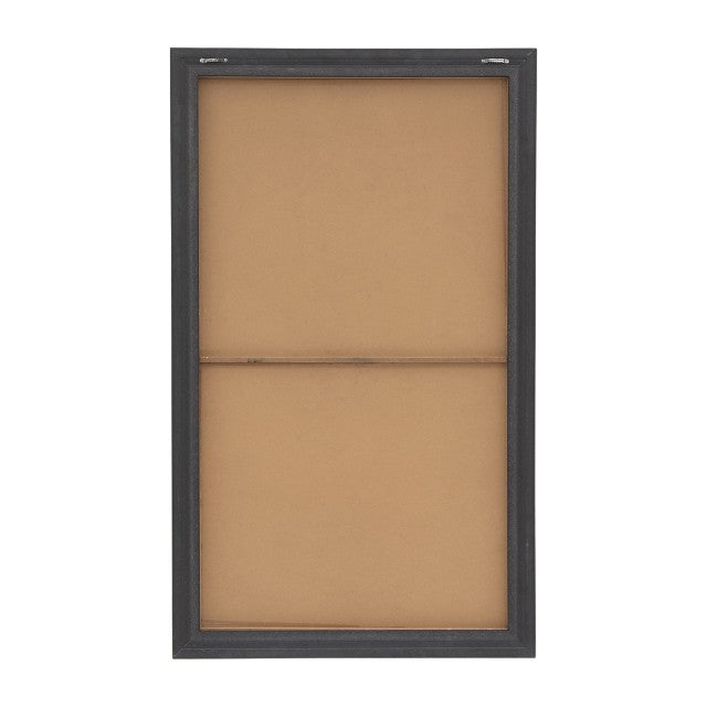 Back of a rectangular framed art piece with a wooden crossbar.