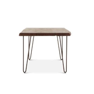 Square table with a wooden top and minimalist metal hairpin legs.