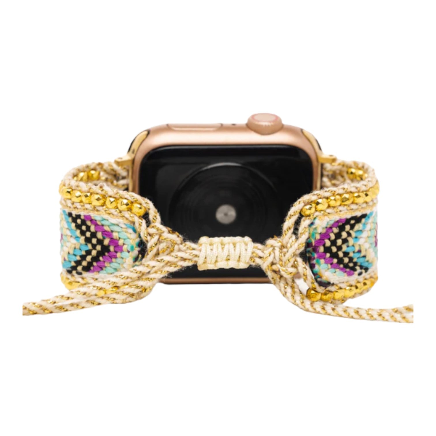 Smartwatch with a colorful woven band featuring beads and braided details.