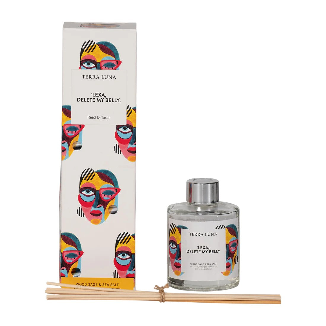 Colorful packaging of a Terra Luna reed diffuser with text and design.