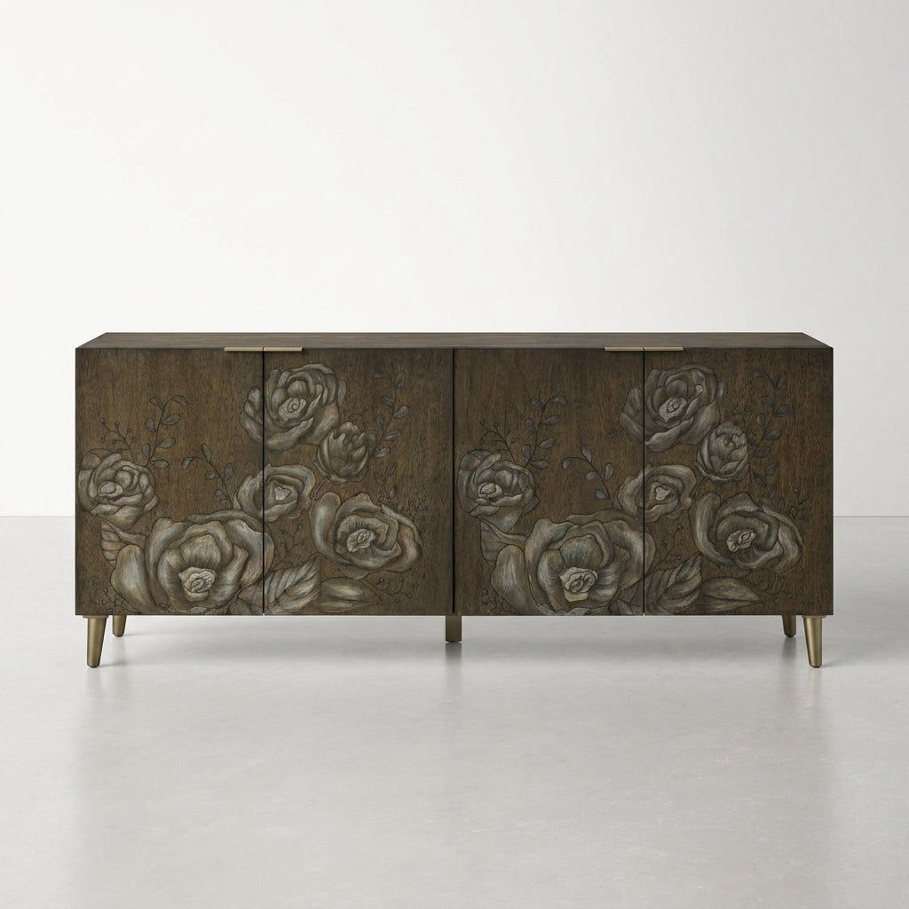 Dark wooden sideboard with floral carvings and metallic legs.