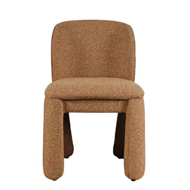 Modern brown upholstered chair with thick legs.