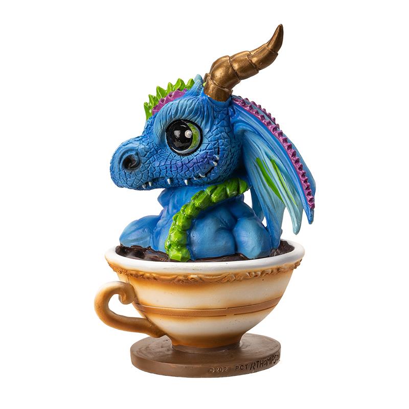 Cute blue dragon with big eyes, sitting in a teacup.