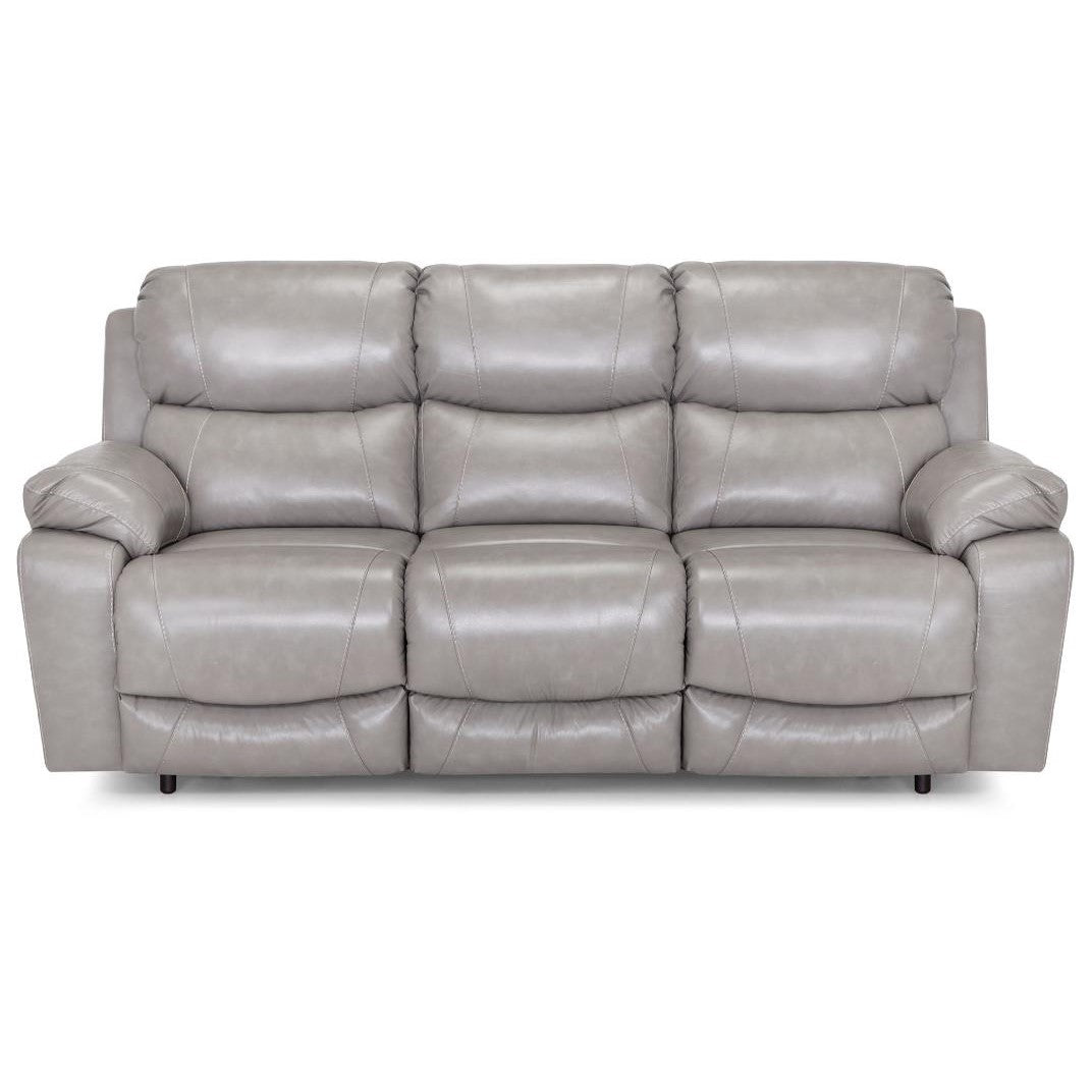 Gray reclining sofa with plush cushions and armrests.