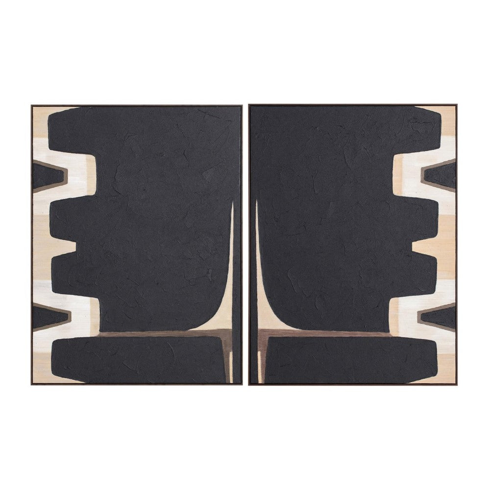 Abstract black shapes on a beige background, two-panel artwork.