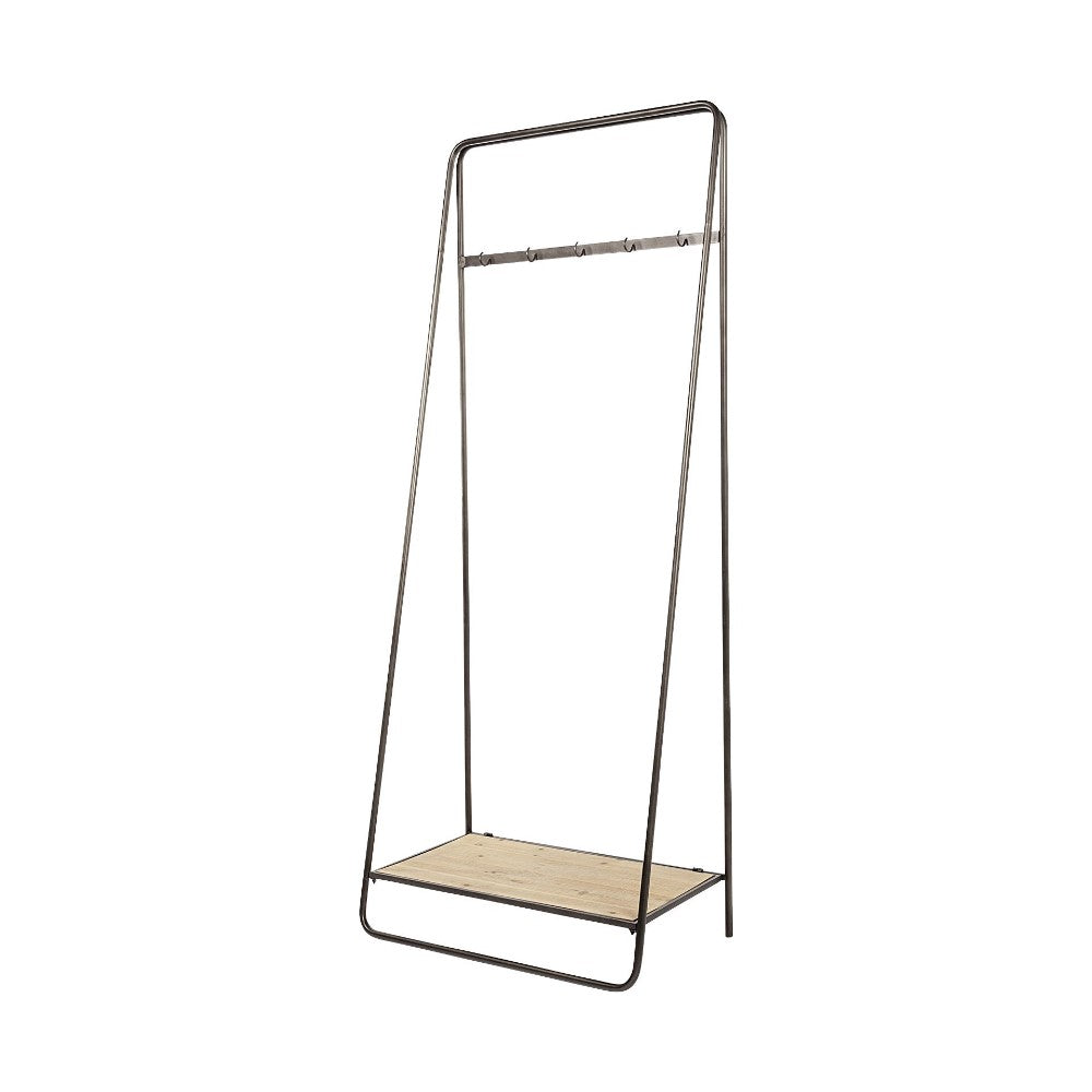 Minimalist metal garment rack with wooden shelf.