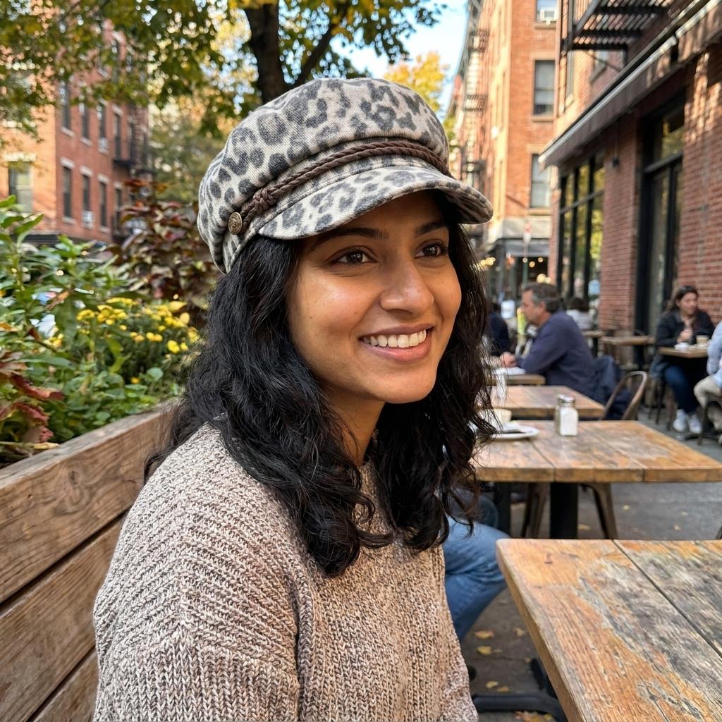 Smiling person outdoors in patterned cap and sweater.