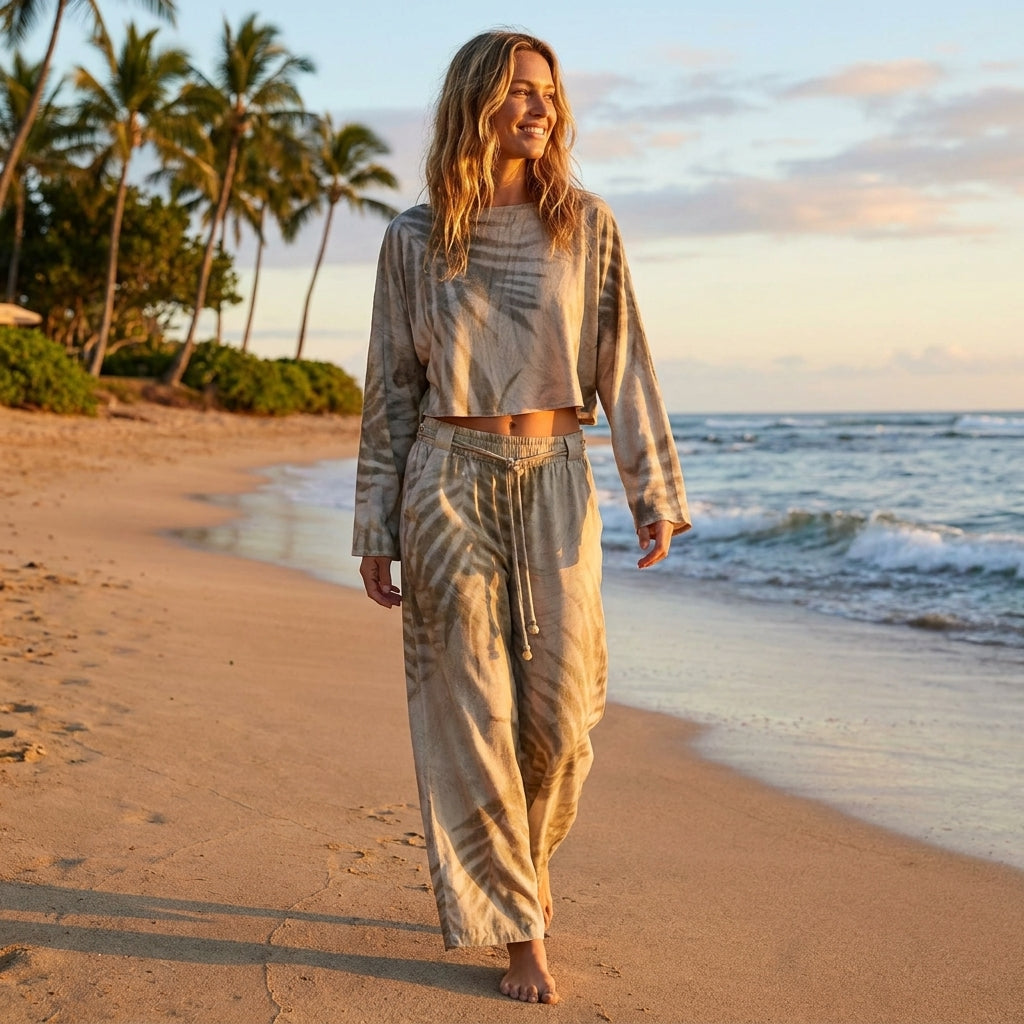 Woman strolling on a tropical beach at sunset, wearing a tie-dye outfit.