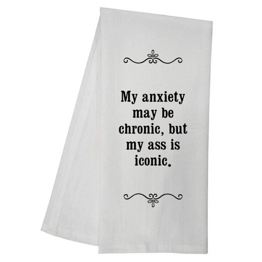 White towel with humorous text about anxiety and confidence.