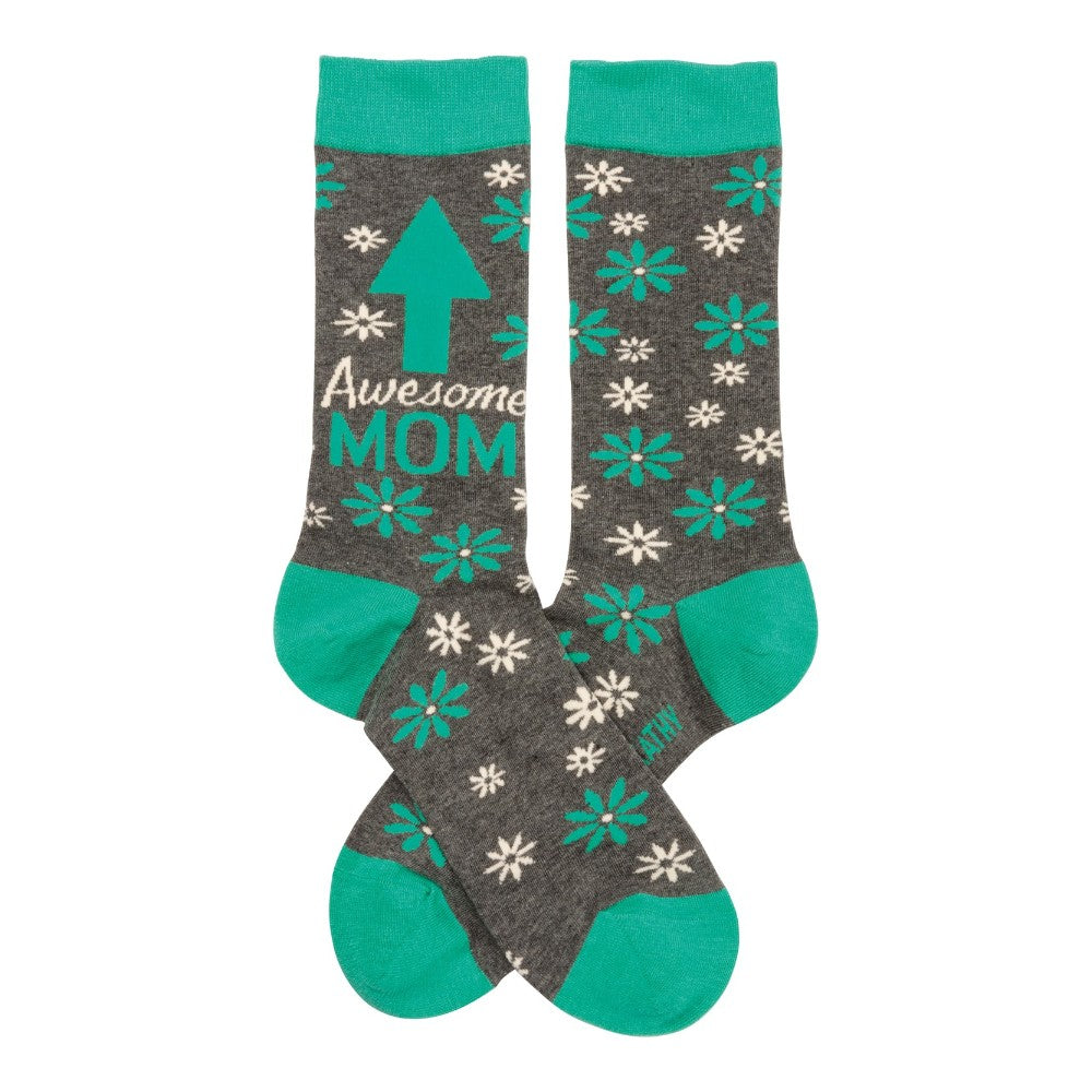 Gray socks with teal accents, flowers, and "Awesome Mom" text.