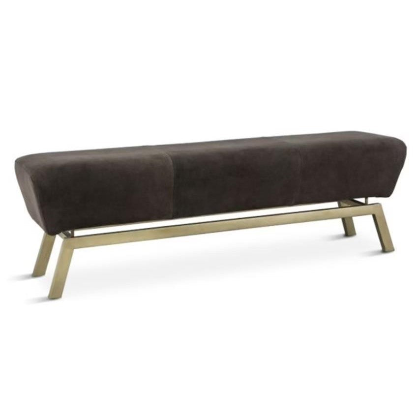 Modern bench with a dark upholstered seat and angled metal legs.