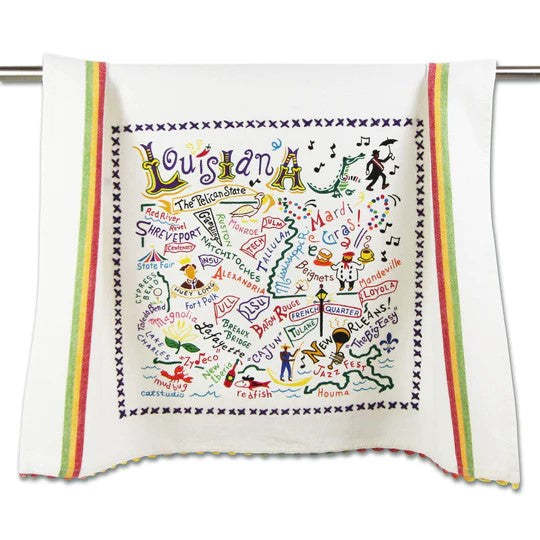 Colorful Louisiana souvenir towel with festive designs and map.