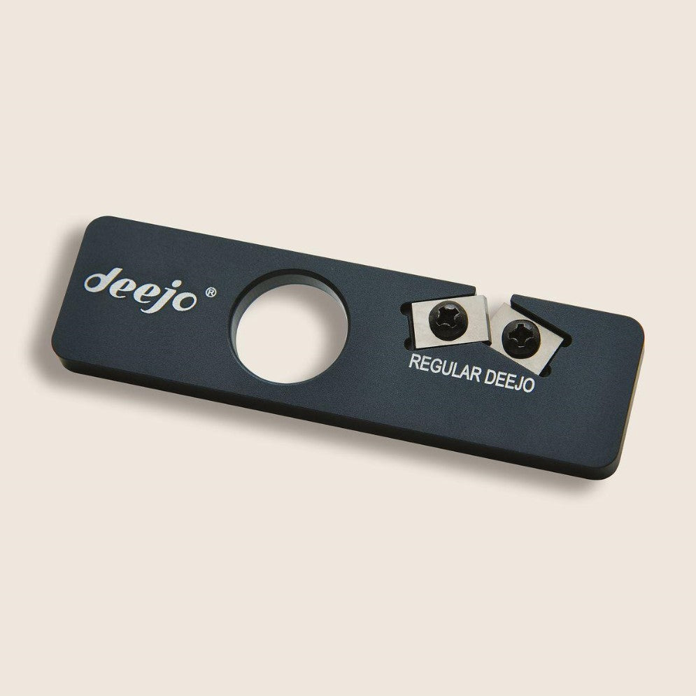 Black Deejo knife sharpener with a sleek design.