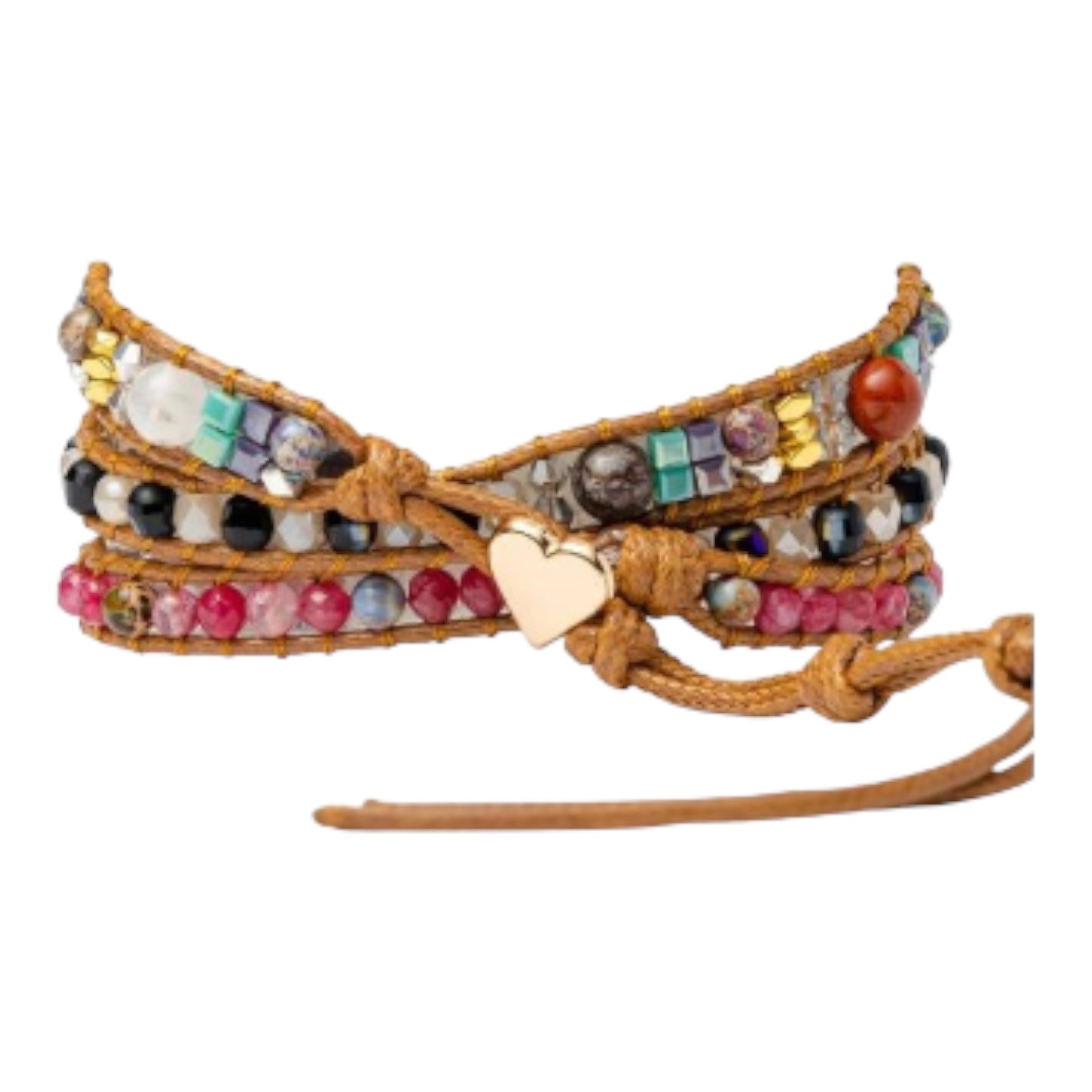 Colorful beaded bracelet with heart charm, wrapped on tan leather cord.
