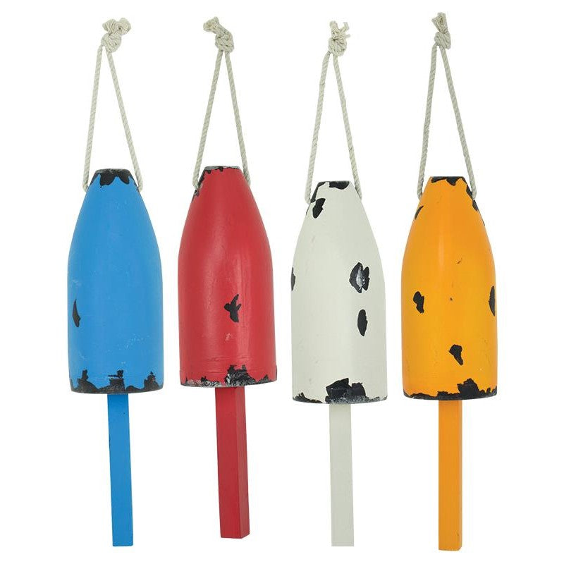 Four colorful buoys with ropes: blue, red, white, and orange.