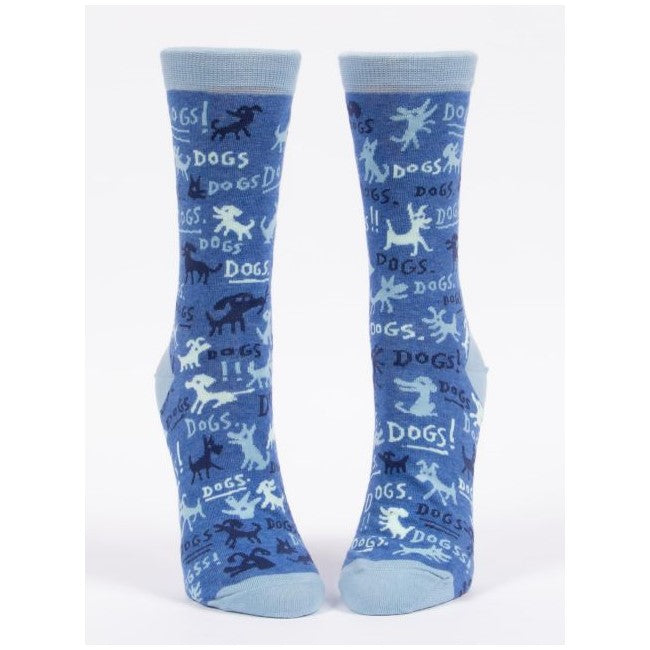 Blue socks with dog silhouettes and "DOGS" text pattern.