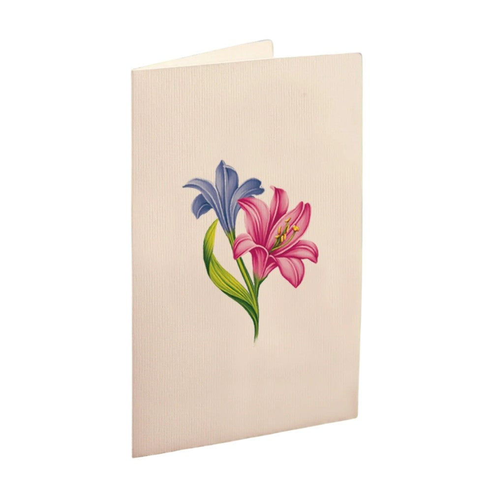 Card with purple and pink flowers illustration.