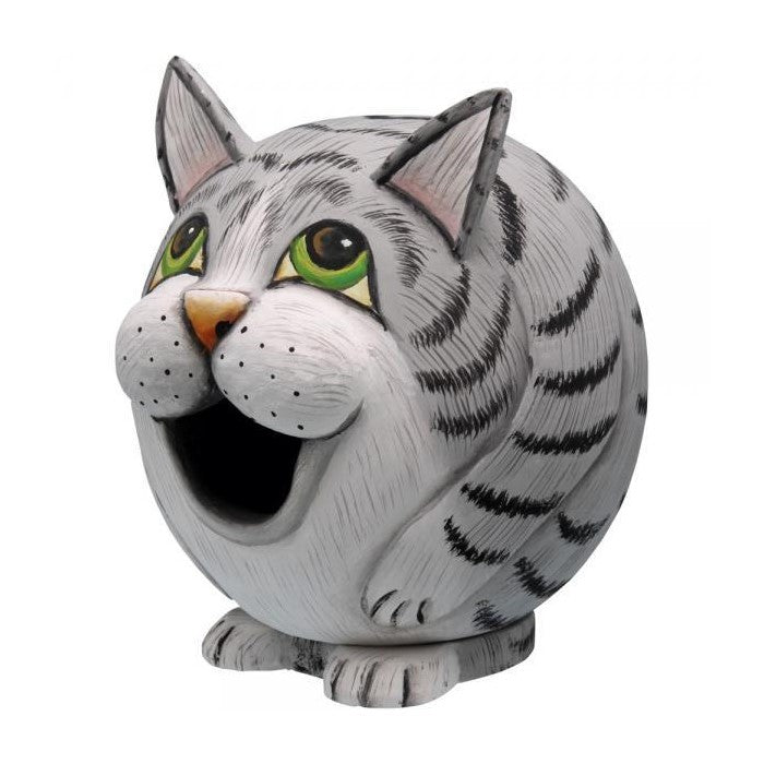 Round cat sculpture with wide eyes and open mouth.