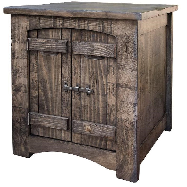 Rustic wooden cabinet with metal latch and textured doors.