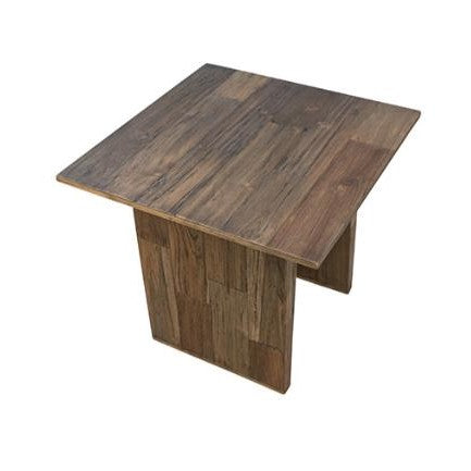 Square wooden table with a plank design, showcasing natural grain patterns.