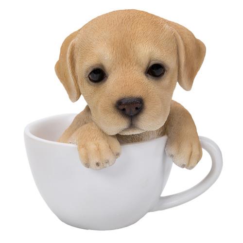 Adorable puppy sitting in a white teacup.