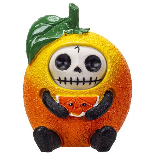 Cute skull-faced figure inside an orange with a leaf, holding an orange slice.