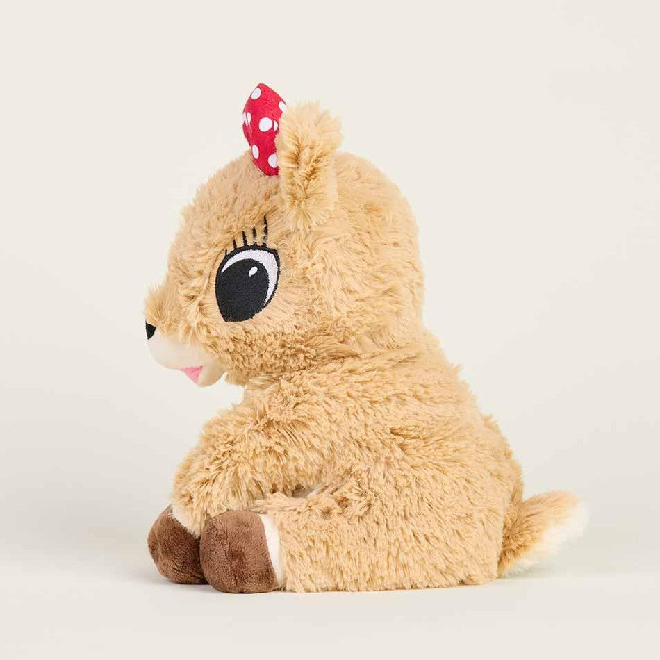 Cute plush deer with big eyes, sitting with a red polka-dot bow.