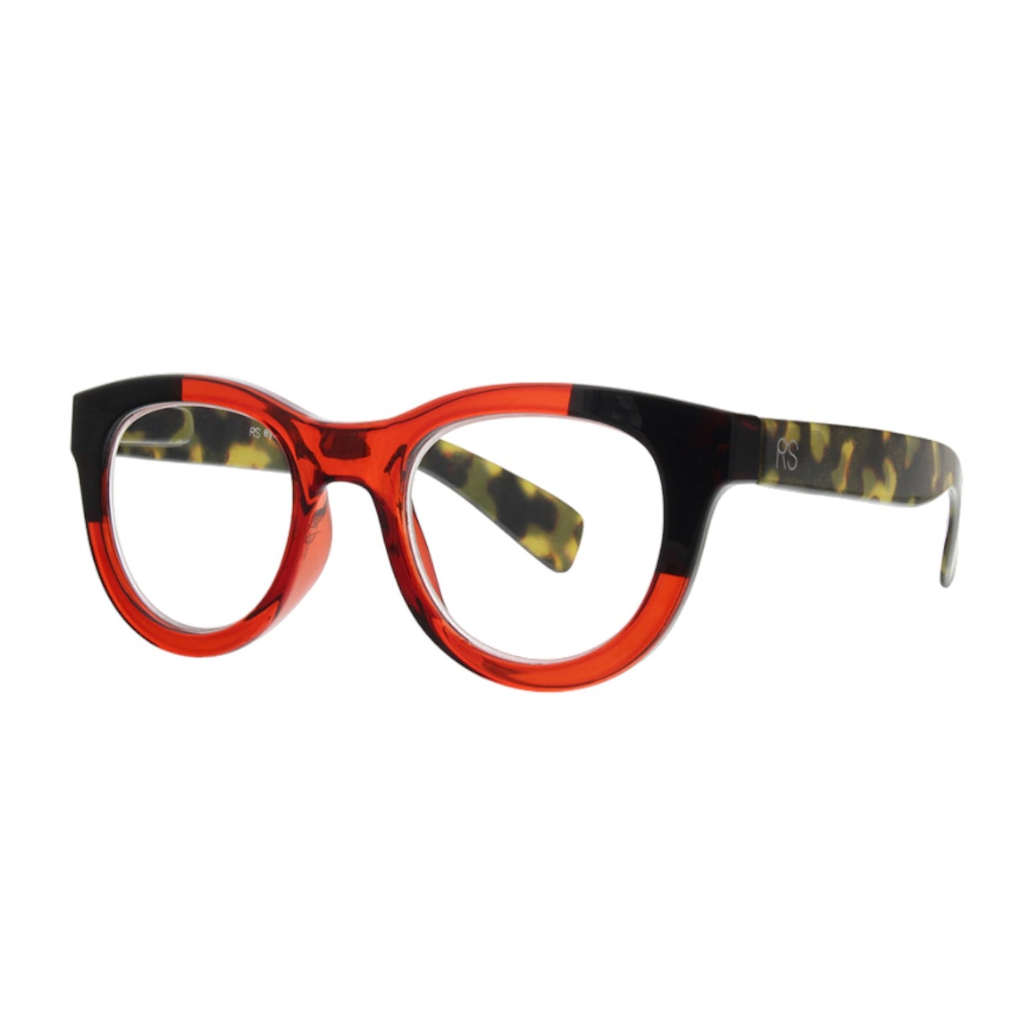 Red and black glasses with tortoiseshell-patterned arms.