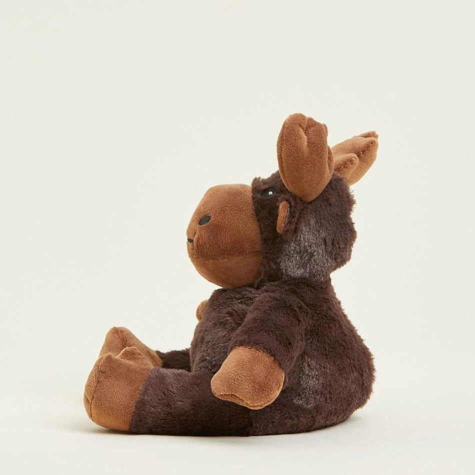 Plush moose toy sitting sideways, brown and soft.