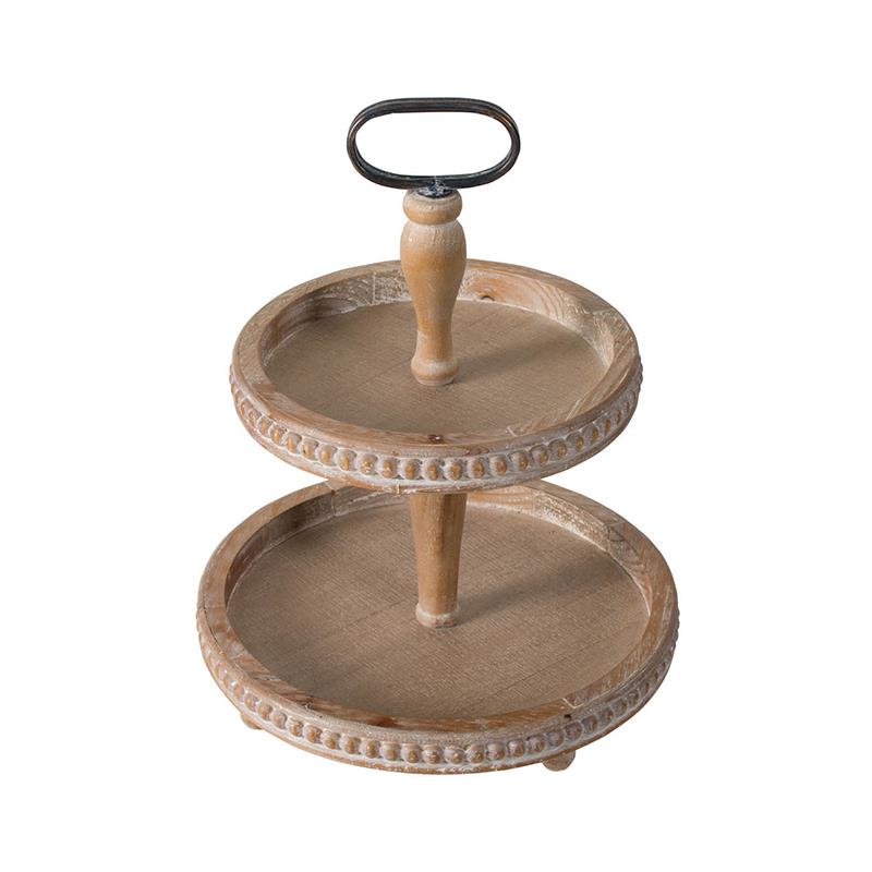 Two-tiered wooden serving tray with handle.