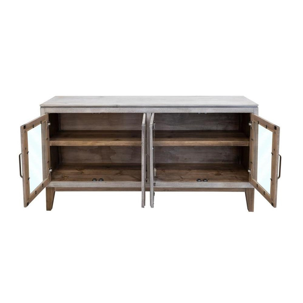 Wooden sideboard with open glass-paneled doors and shelves.