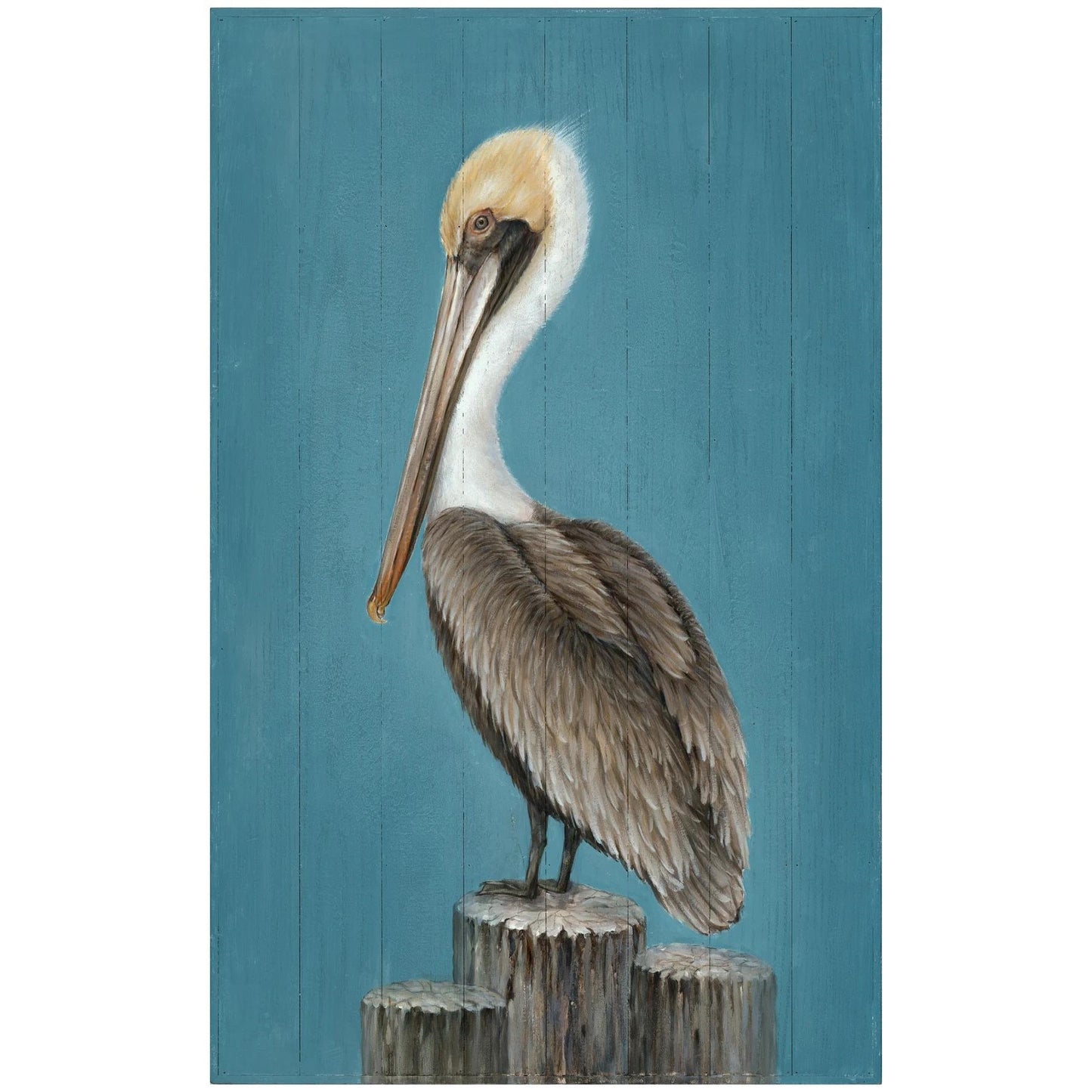 A pelican perched on wooden posts against a blue background.