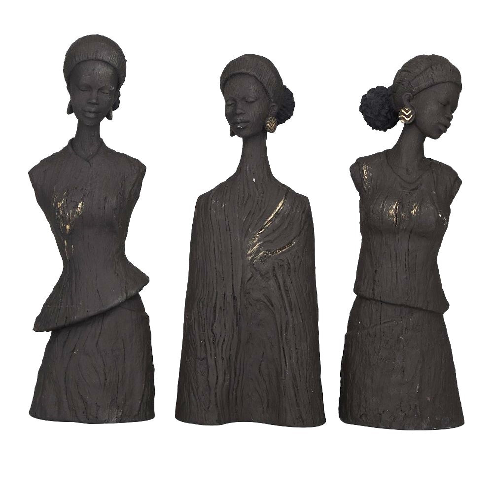 Three elegant black clay sculptures of women, each with unique pose and attire.