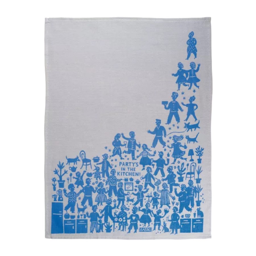 Towel with blue kitchen party illustration and "Party's in the Kitchen!" text.