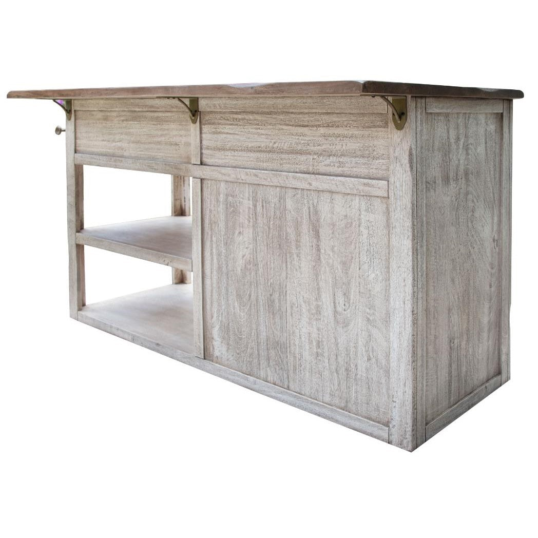 Rustic wooden kitchen island with open shelves and extending countertop.